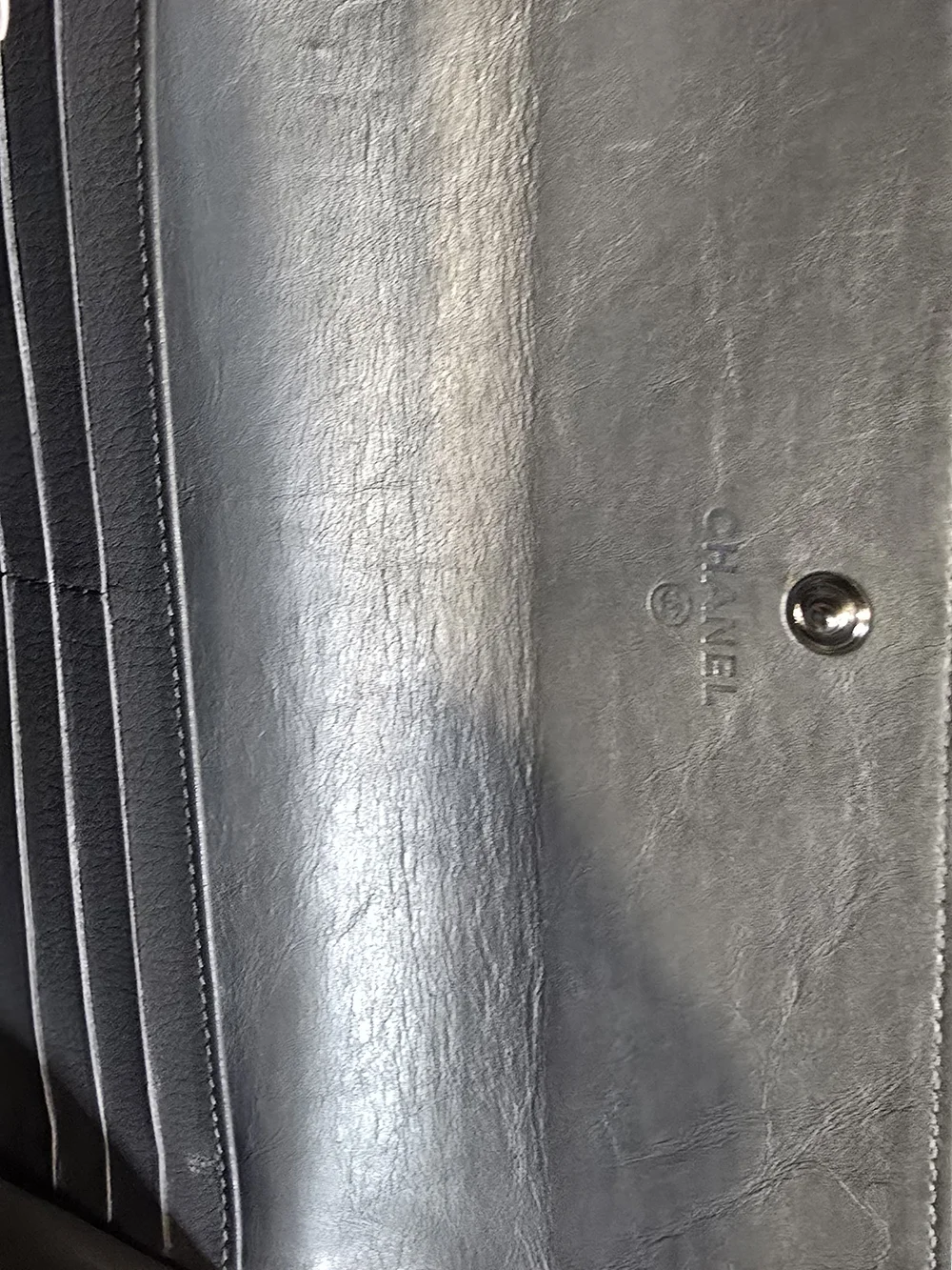 CHANEL Metallic Silver Quilted Leather Long Wallet with Black CC